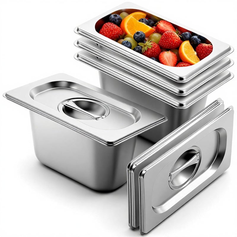 Exclaith 4 Pack Hotel Pan with Lid 1/9 Size 4 Inch Deep Stainless Steel Restaurant Food Prep Tray Metal Hotels Steam Table Pan for Home, Party, Restaurant, Hotel, Buffet - Image 1